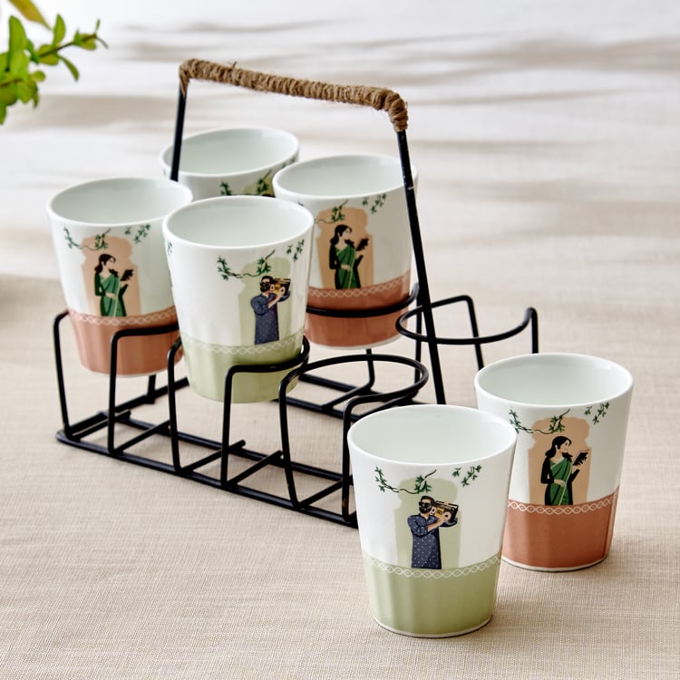 Jalsa Set of 6 Bone China Printed Cutting Chai Cups with Stand - 160ml