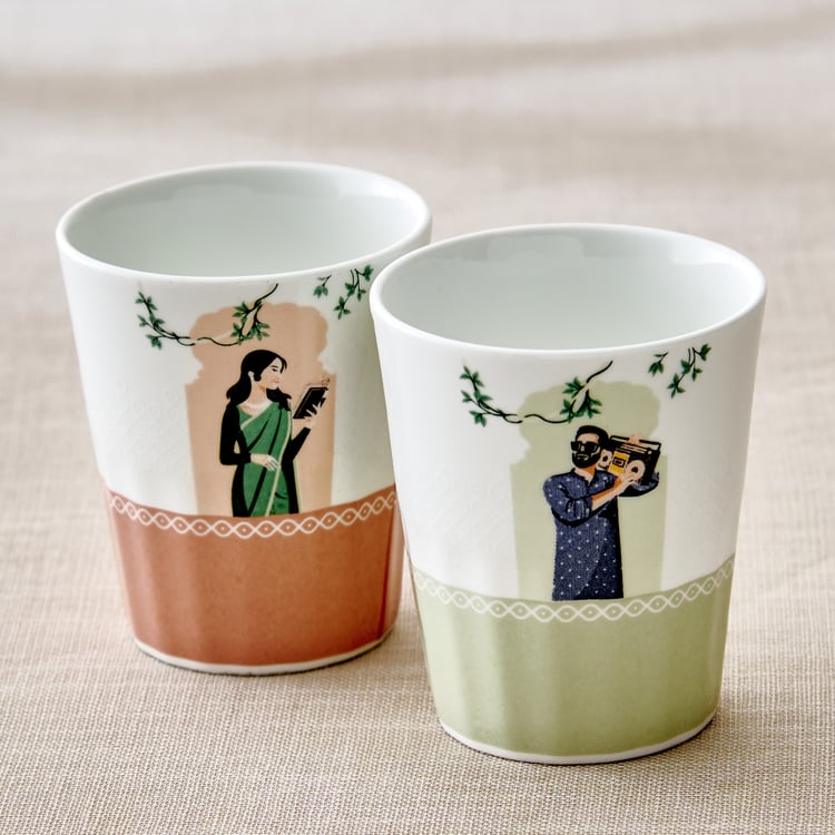 Jalsa Set of 6 Bone China Printed Cutting Chai Cups with Stand - 160ml