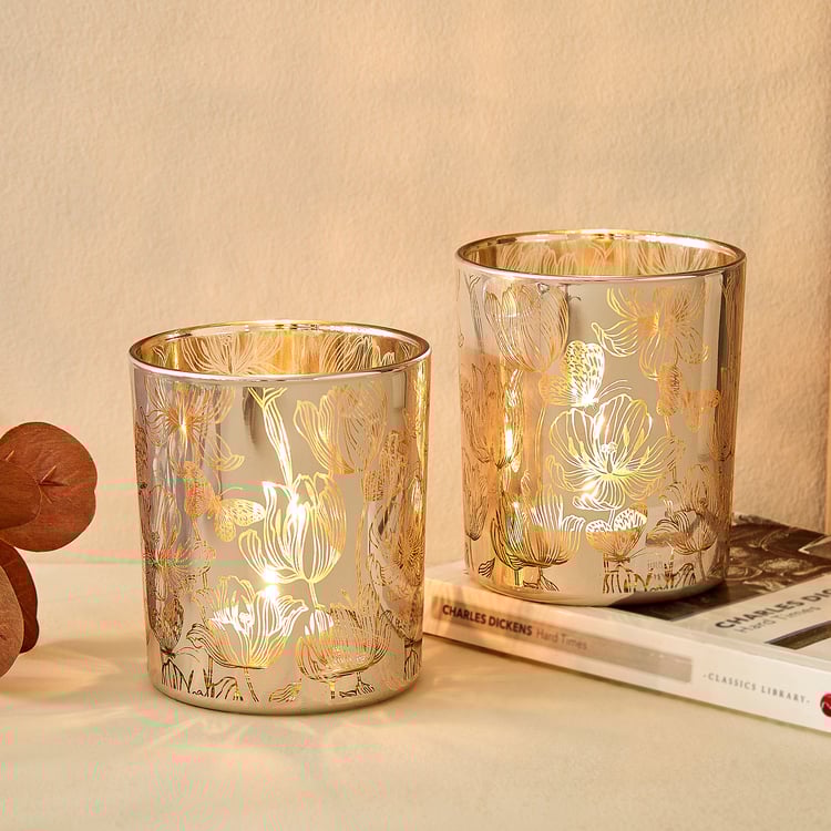 Wables Glen Ivy Set of 2 Glass Floral Pillar Candle Holders