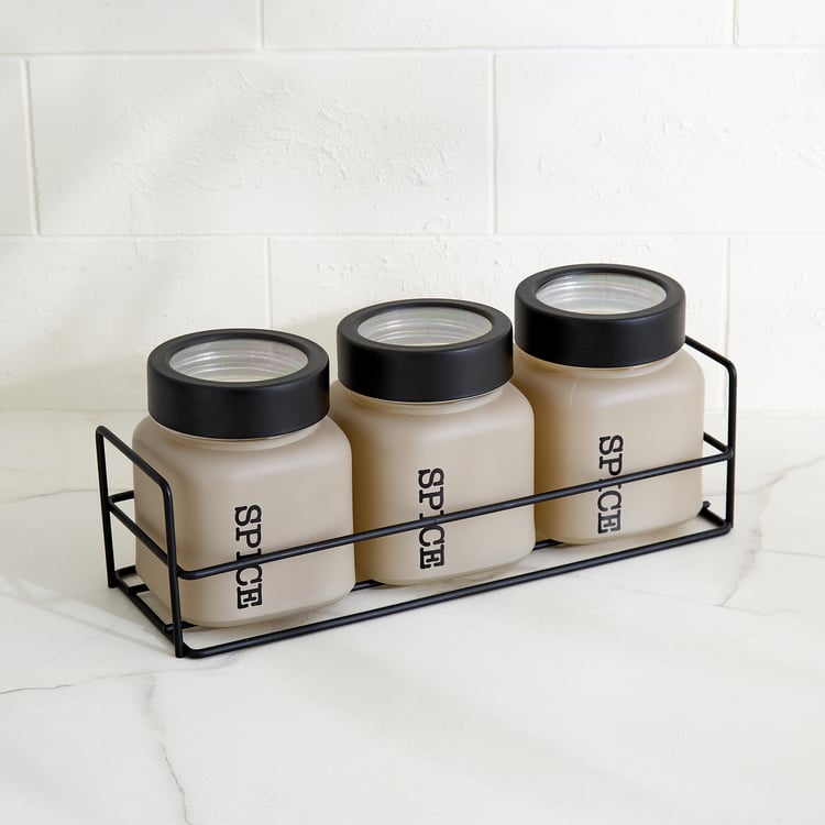 Stack Onyx Set of 3 Glass Spice Jars with Metal Stand - 300ml