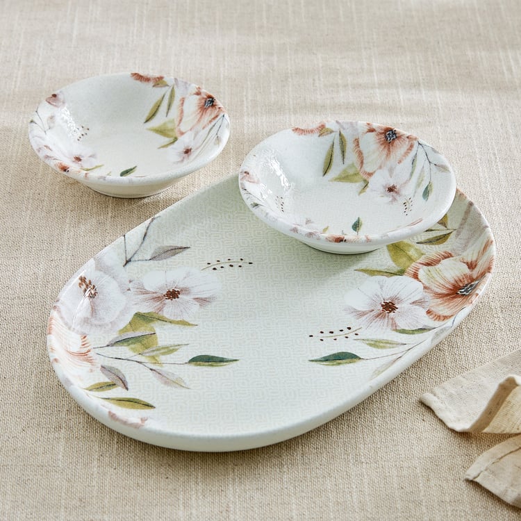 Elva Set of 2 Porcelain Floral Print Dip Bowls with Platter - 120ml