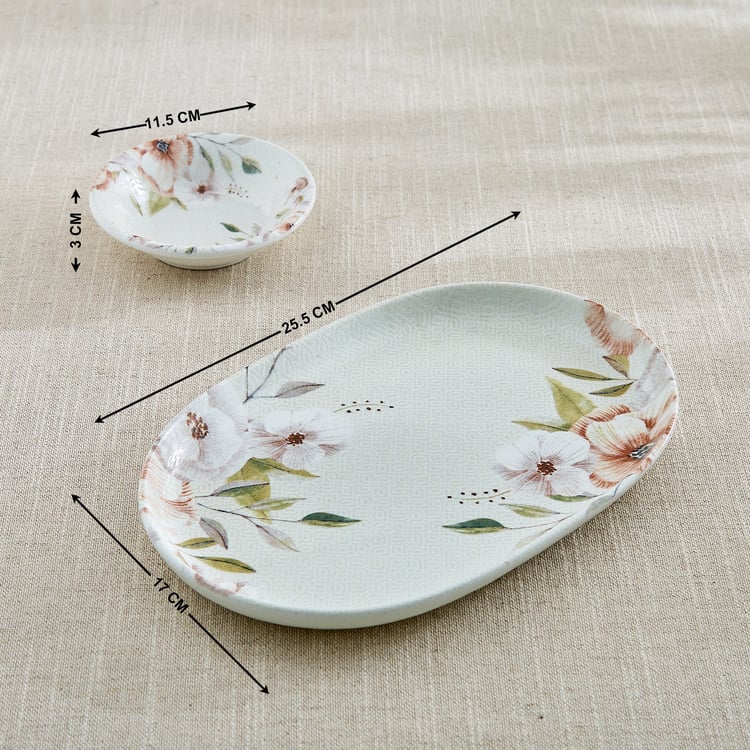 Elva Set of 2 Porcelain Floral Print Dip Bowls with Platter - 120ml