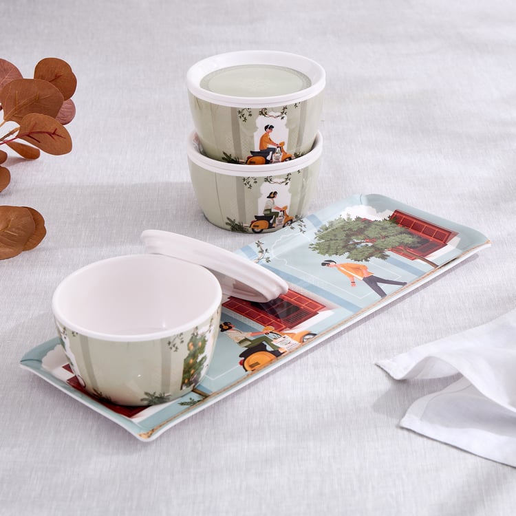 Jalsa Set of 3 Melamine Printed Candy Bowls with Tray - 300ml