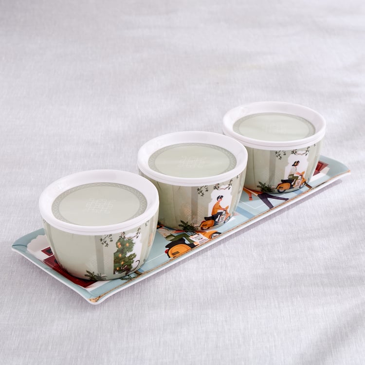 Jalsa Set of 3 Melamine Printed Candy Bowls with Tray - 300ml