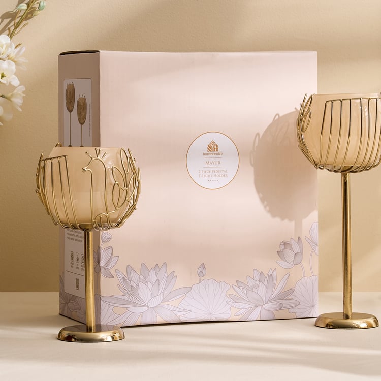 Mayur Poe Set of 2 Metal Peacock Pedestal T-Light Holders