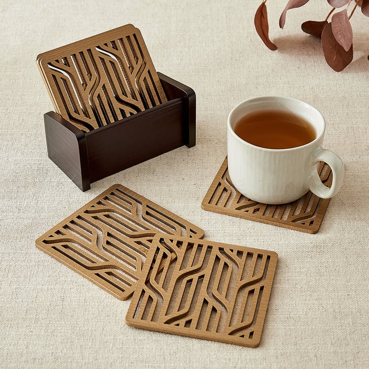 Elm Laser Linear Set of 6 Wooden Coasters with Holder