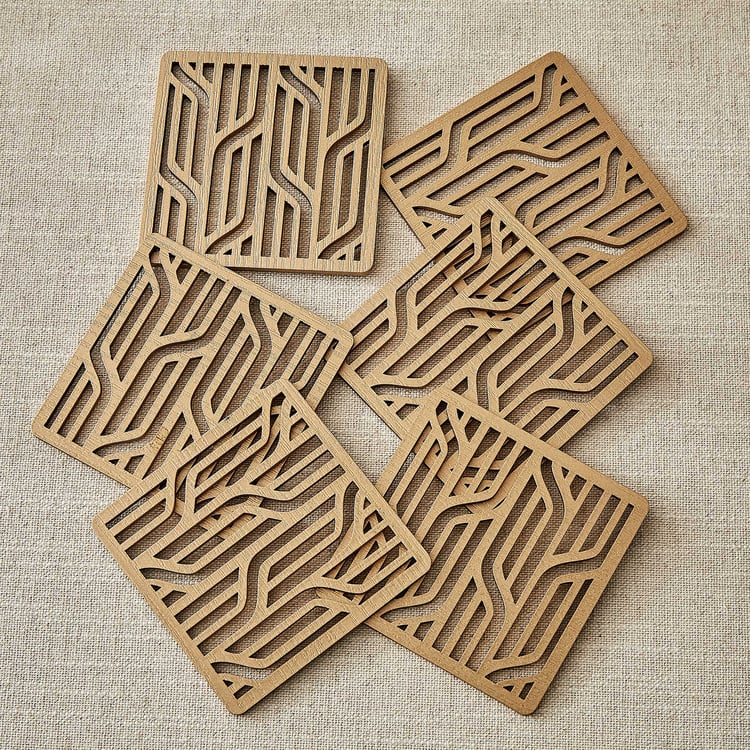 Elm Laser Linear Set of 6 Wooden Coasters with Holder