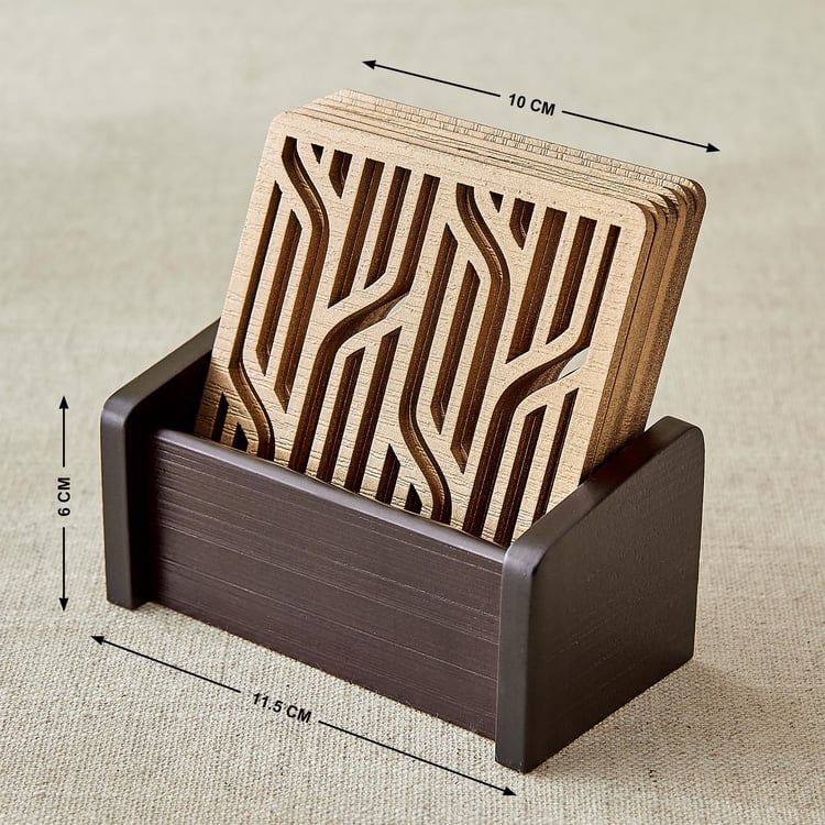 Elm Laser Linear Set of 6 Wooden Coasters with Holder