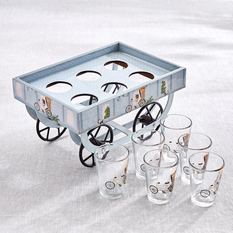Jalsa Auric 7Pcs Glass Printed Cutting Chai Cups with Thela Stand - 160ml