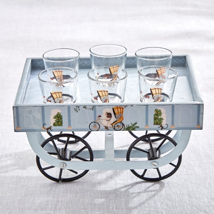 Jalsa Auric 7Pcs Glass Printed Cutting Chai Cups with Thela Stand - 160ml