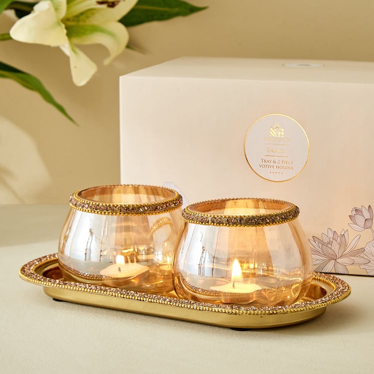Fables Twirl Set of 2 Glass Votive Candle Holders with Tray