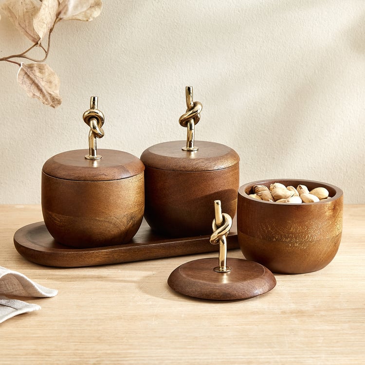 Nuqta Roi Set of 3 Wooden Condiment Set with Tray