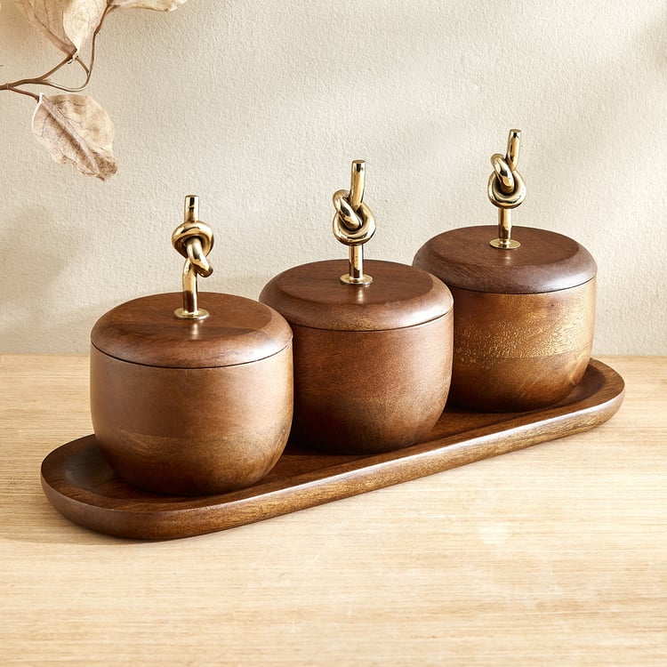 Nuqta Roi Set of 3 Wooden Condiment Set with Tray