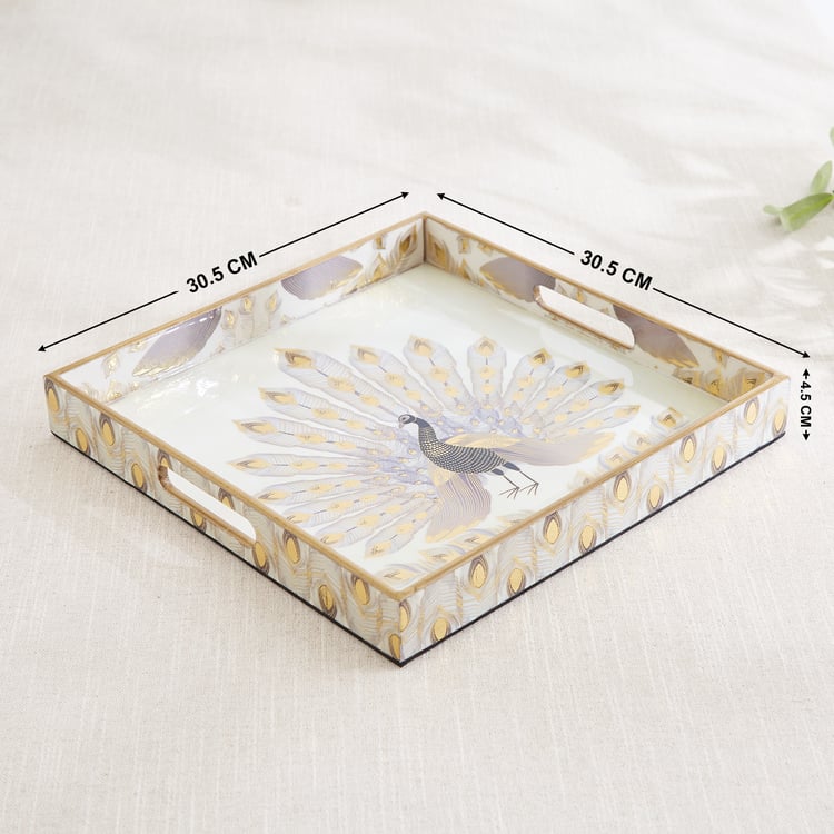 Corsica Hues Wooden Peacock Serving Tray - 30.5x30.5x4.5cm