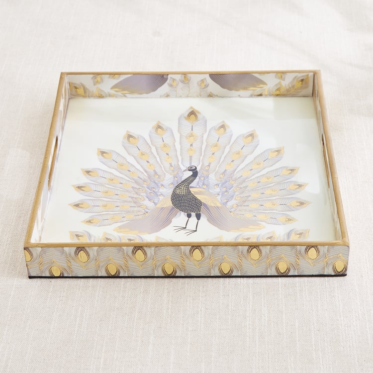 Corsica Hues Wooden Peacock Serving Tray - 30.5x30.5x4.5cm