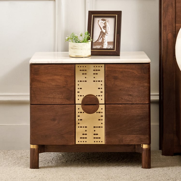 Nuqta Italian Marble Top Bedside Table with Drawers - Walnut