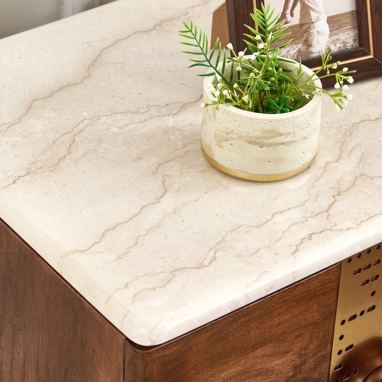 Nuqta Italian Marble Top Bedside Table with Drawers - Walnut