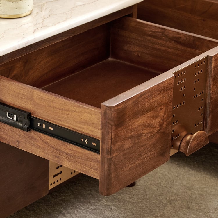 Nuqta Italian Marble Top Bedside Table with Drawers - Walnut
