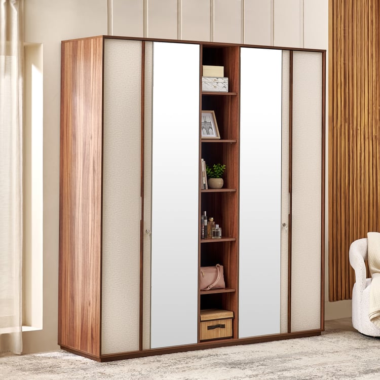 Shoji 4-Door Wardrobe with Curio and Mirrors - Brown
