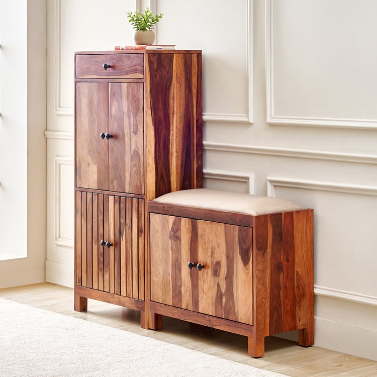 Adana Grand Sheesham Wood 30 Pairs Shoe Cabinet with Cushion Seat and Drawer - Brown
