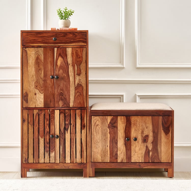 Adana Grand Sheesham Wood 30 Pairs Shoe Cabinet with Cushion Seat and Drawer - Brown