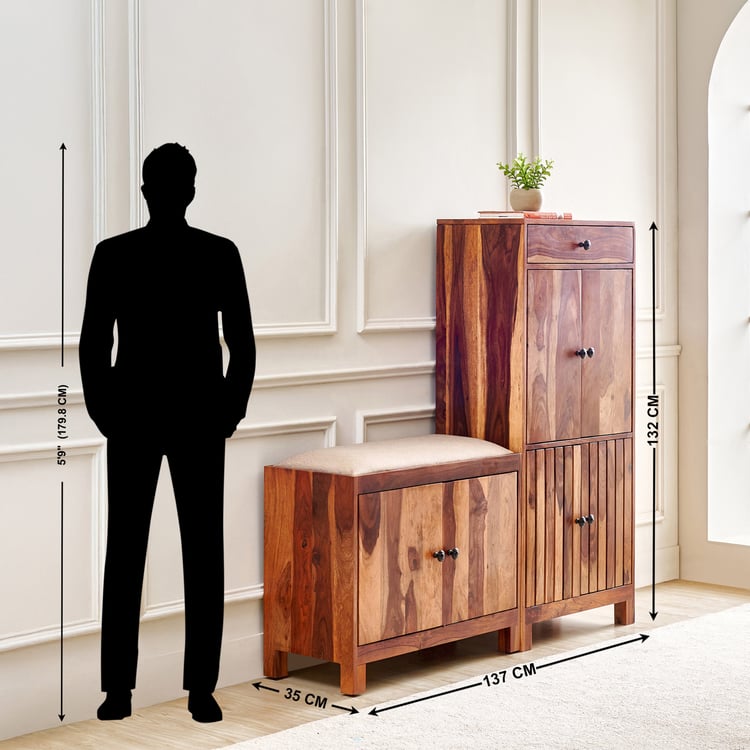 Adana Grand Sheesham Wood 30 Pairs Shoe Cabinet with Cushion Seat and Drawer - Brown