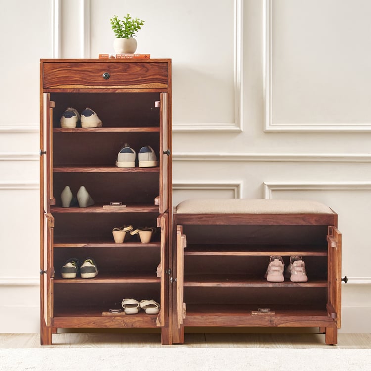 Adana Grand Sheesham Wood 30 Pairs Shoe Cabinet with Cushion Seat and Drawer - Brown