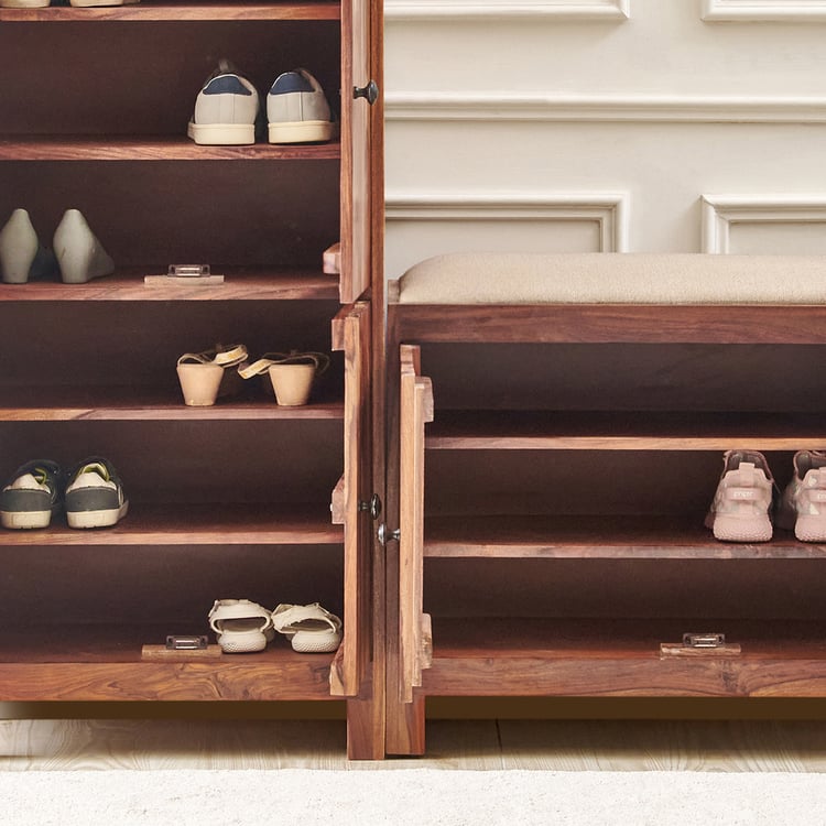 Adana Grand Sheesham Wood 30 Pairs Shoe Cabinet with Cushion Seat and Drawer - Brown