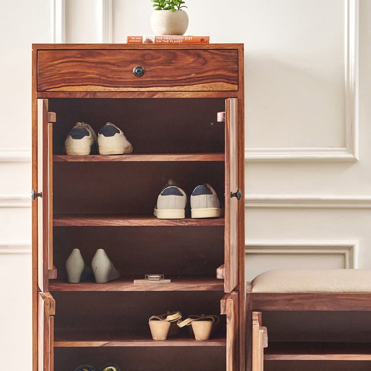 Adana Grand Sheesham Wood 30 Pairs Shoe Cabinet with Cushion Seat and Drawer - Brown