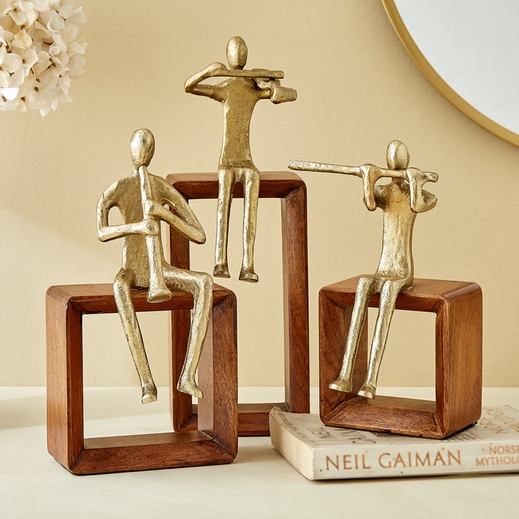 Splendid Dastkari Keith Mango Wood and Aluminium Man Playing Flute Figurine