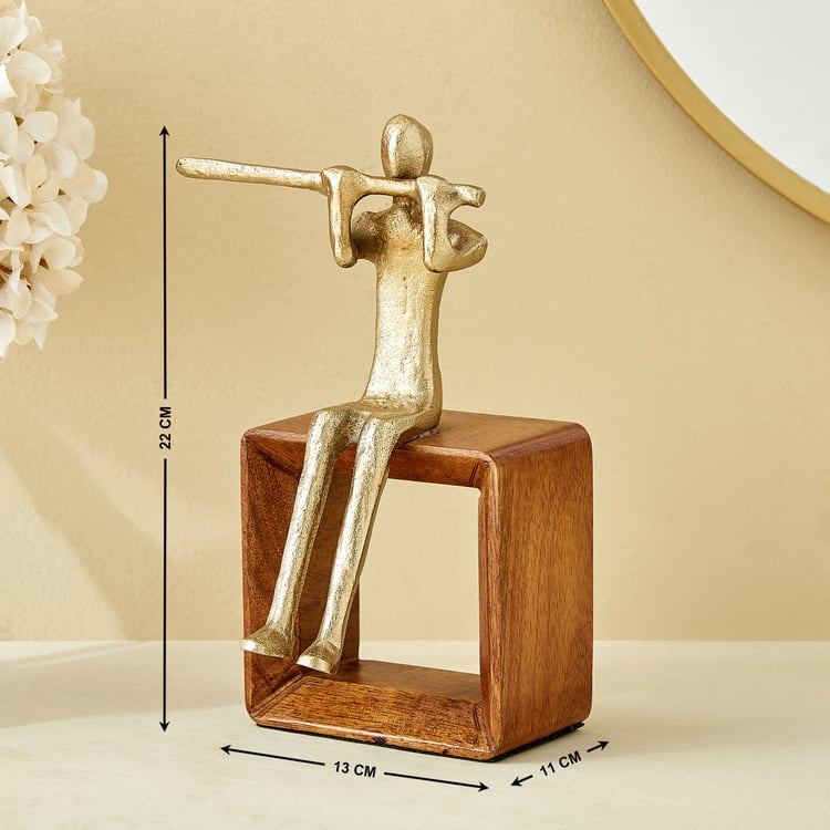 Splendid Dastkari Keith Mango Wood and Aluminium Man Playing Flute Figurine