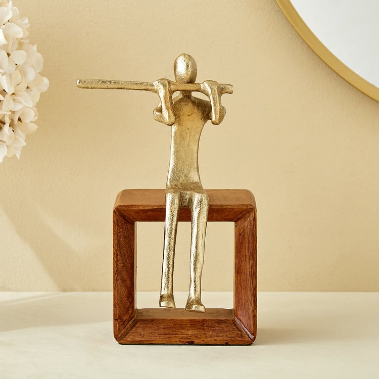 Splendid Dastkari Keith Mango Wood and Aluminium Man Playing Flute Figurine