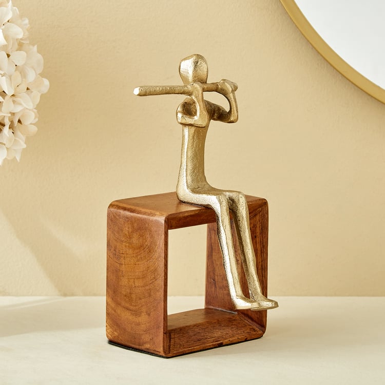 Splendid Dastkari Keith Mango Wood and Aluminium Man Playing Flute Figurine