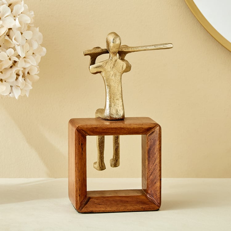 Splendid Dastkari Keith Mango Wood and Aluminium Man Playing Flute Figurine