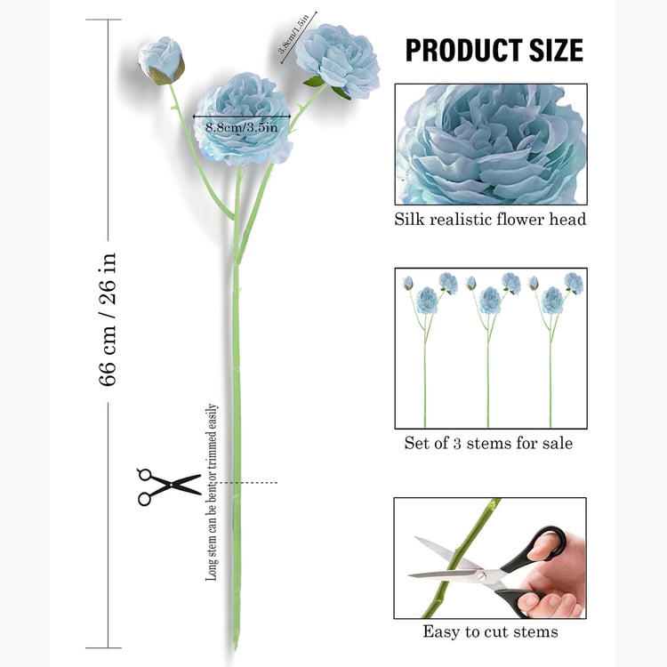 HOMESAKE Set of 3 Artificial Rose Flower Stems - 66cm