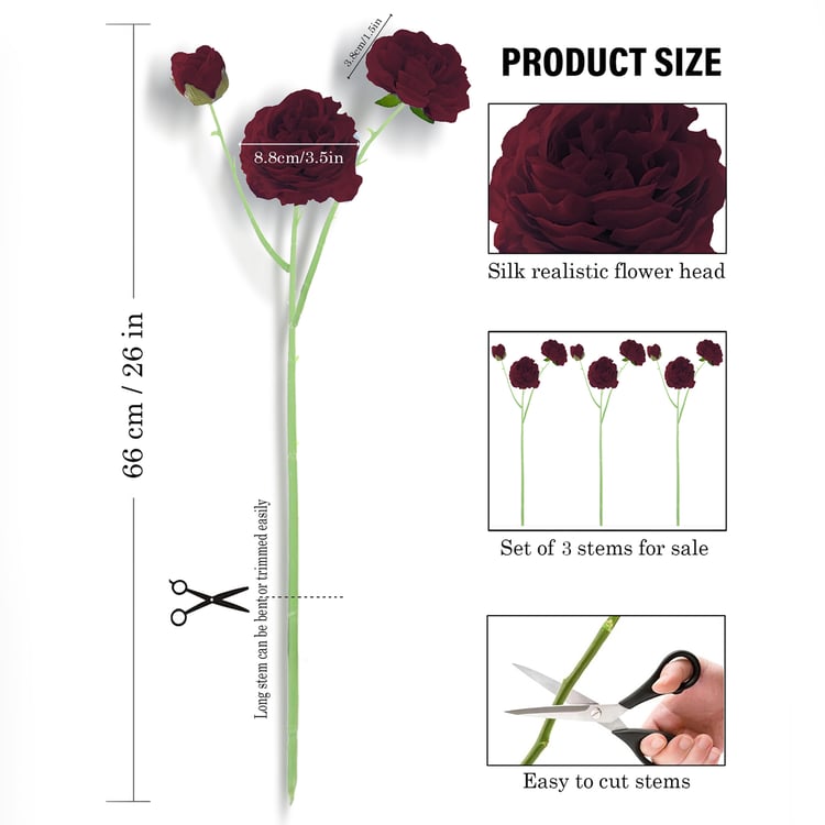 HOMESAKE Set of 3 Artificial Rose Flower Stems - 66cm