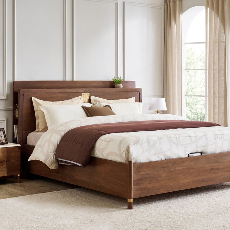 Nuqta Naaz Acacia Wood King Bed with Hydraulic Storage - Brown