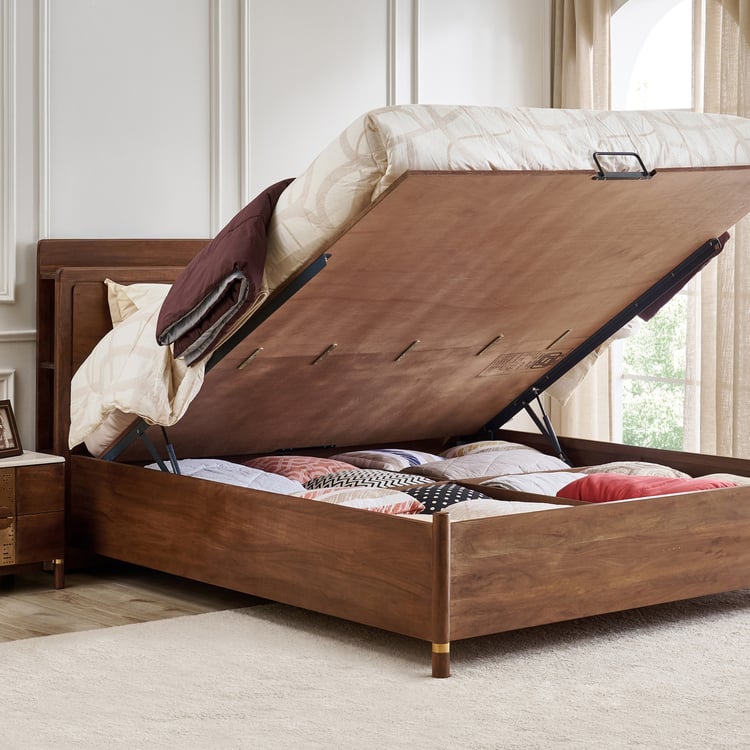 Nuqta Naaz Acacia Wood King Bed with Hydraulic Storage - Brown