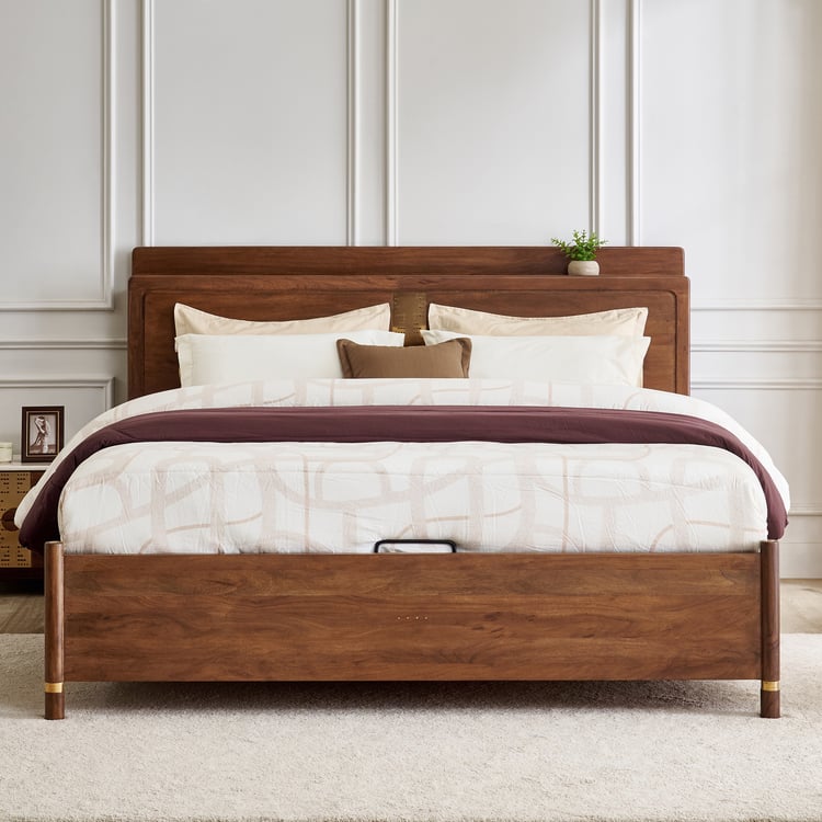 Nuqta Naaz Acacia Wood Queen Bed with Hydraulic Storage - Brown