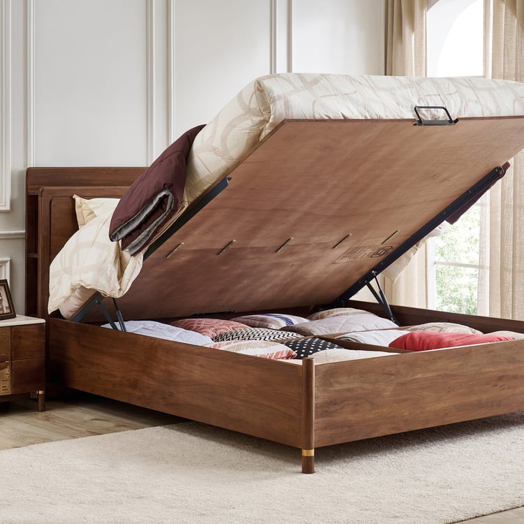 Nuqta Naaz Acacia Wood Queen Bed with Hydraulic Storage - Brown