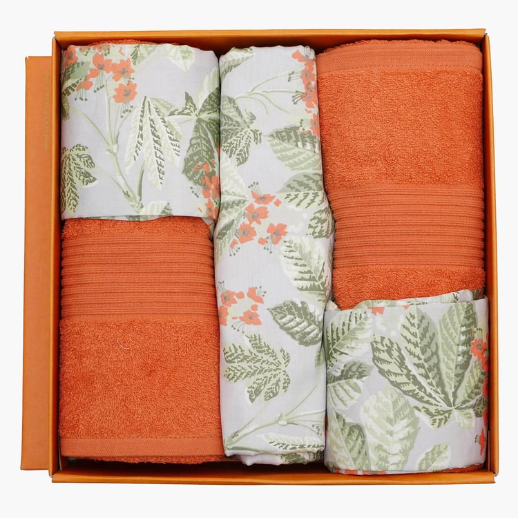 MASPAR Backyard Patio Cotton 200TC Printed 6Pcs King Bedsheet and Bath Towel Set