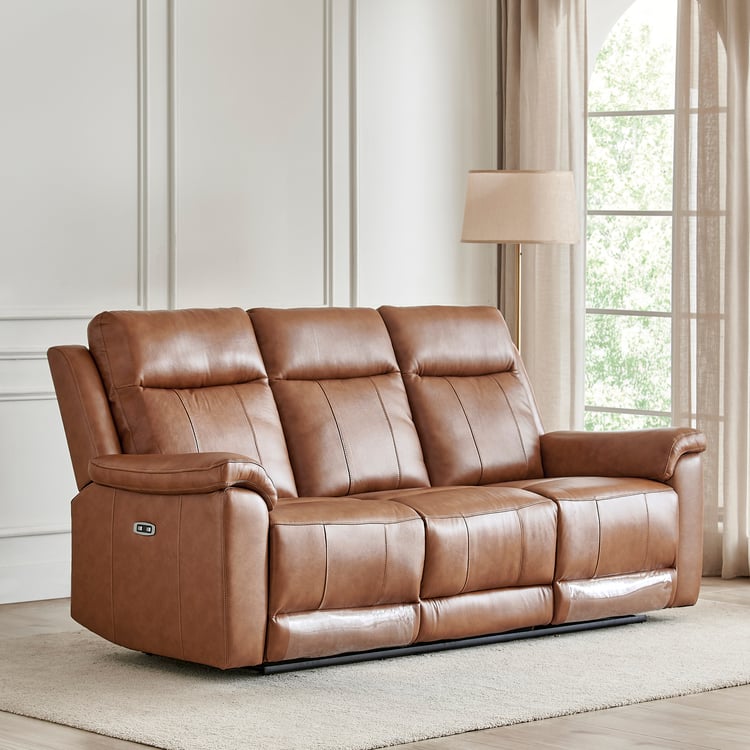 Nevil Half Leather 3-Seater Electric Recliner - Tan