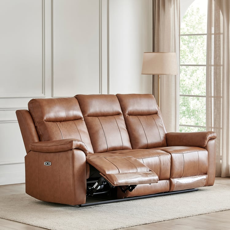 Nevil Half Leather 3-Seater Electric Recliner - Tan