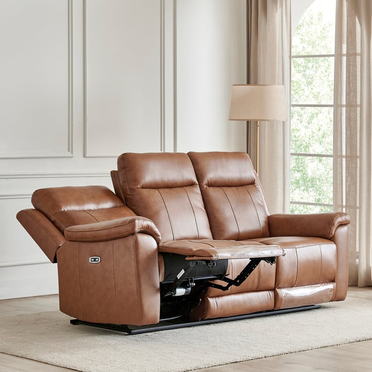 Nevil Half Leather 3-Seater Electric Recliner - Tan