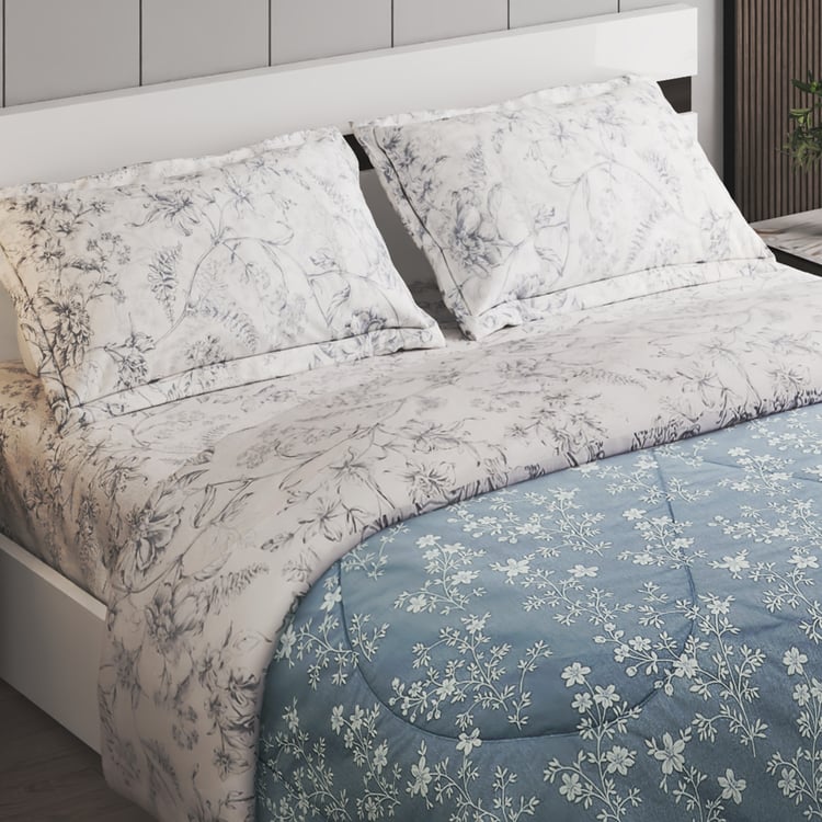 Corsica Frost Cotton 4Pcs Floral Print Double Bed-In-A-Bag Set