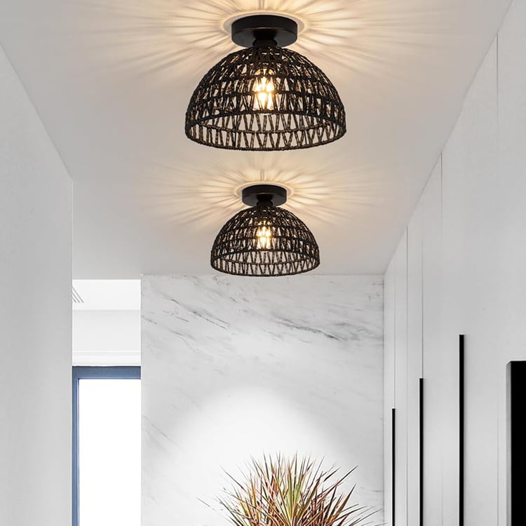 HOMESAKE Rattan Dual Ring Semi-Flush Mount Ceiling Lamp