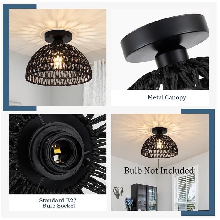 HOMESAKE Rattan Dual Ring Semi-Flush Mount Ceiling Lamp