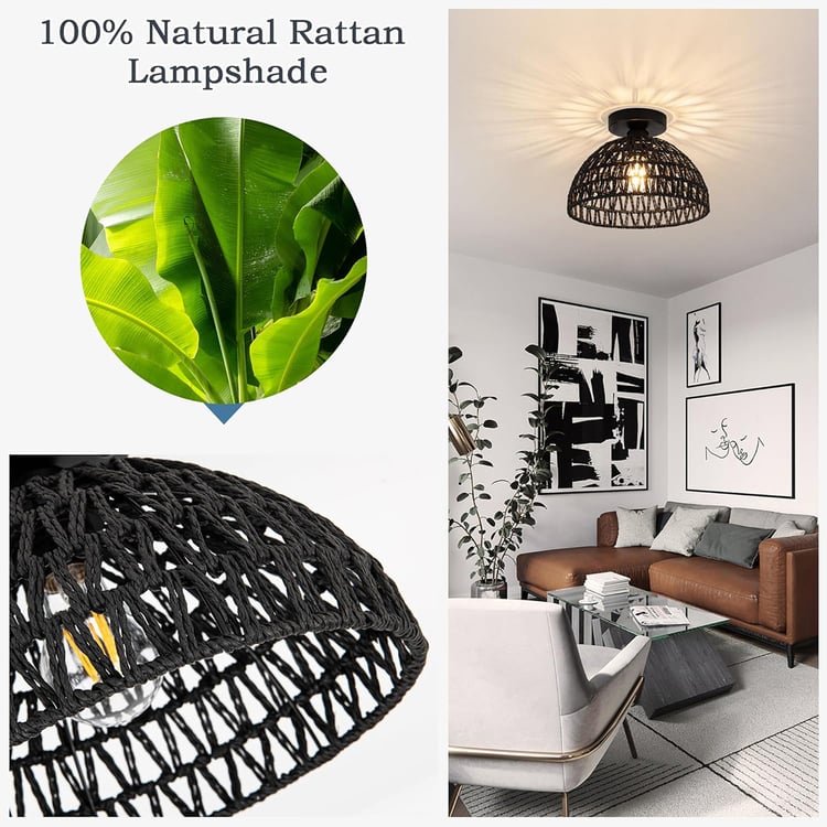 HOMESAKE Rattan Dual Ring Semi-Flush Mount Ceiling Lamp