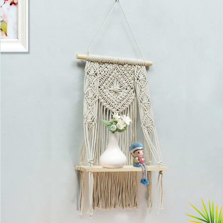 HOMESAKE Solid Wood Macrame Wall Hanging Shelf