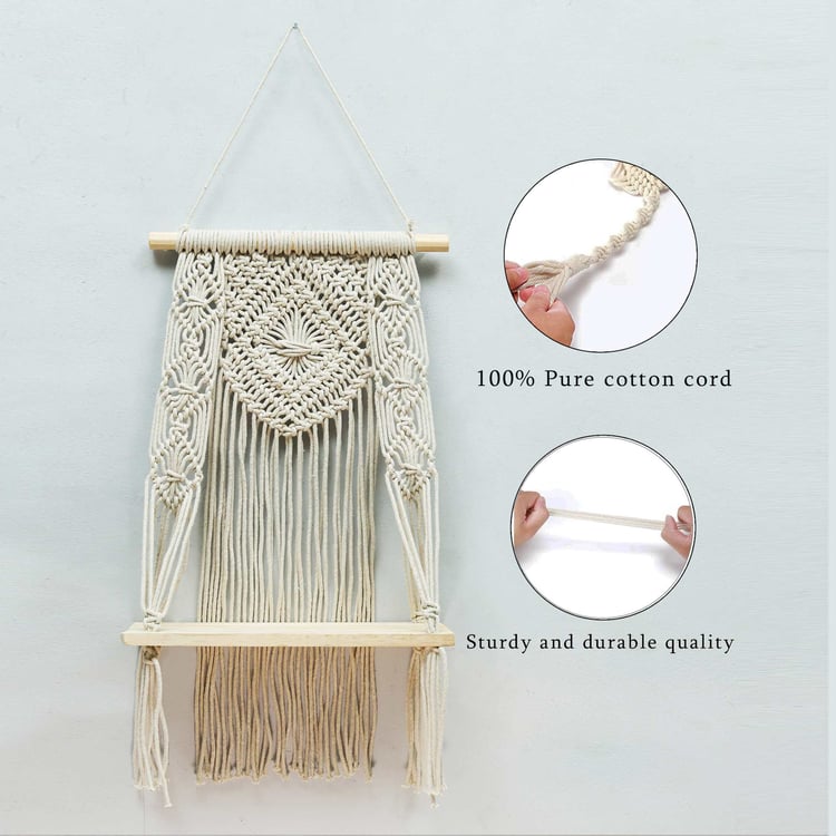 HOMESAKE Solid Wood Macrame Wall Hanging Shelf